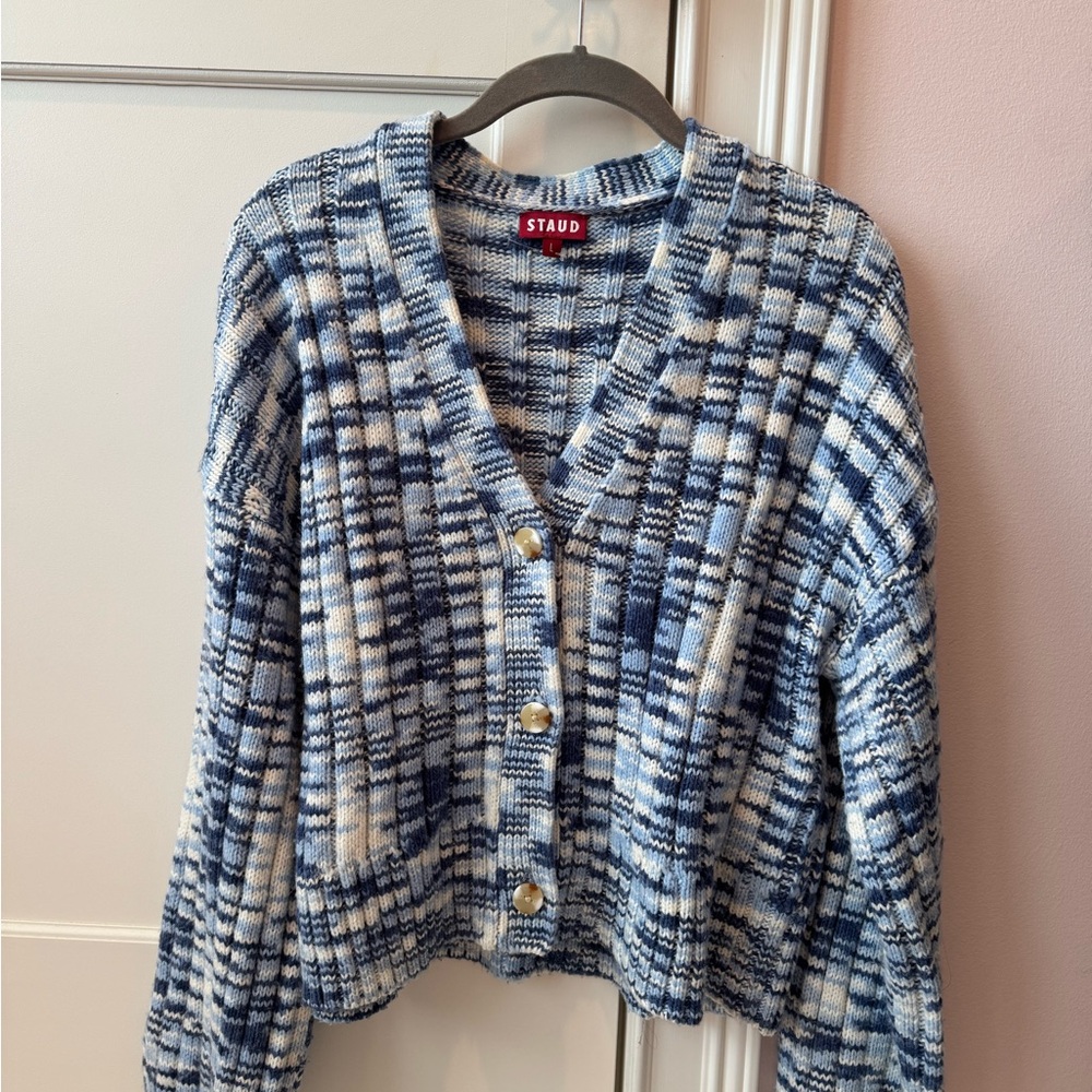 STAUD Plaid Blue and Cream Cardigan